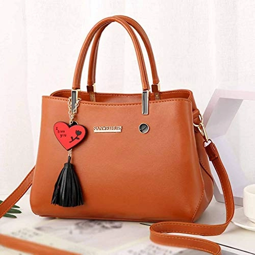 Women's Briefcase PU Leather Crossbody Messenger Zipper Bag Shoulder Satchel Bag Detachable Strap Handbag with Heart tassel Pendant Soft Handle Tote Bag