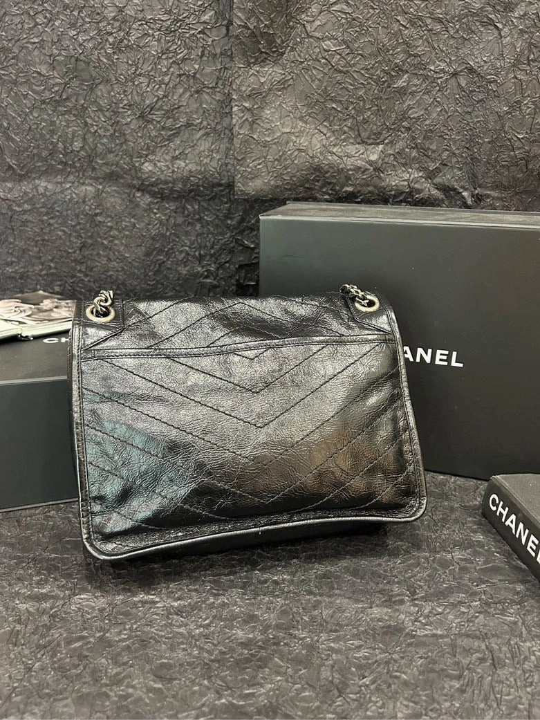 YSL Black Niki Crinkled Leather Crossbody Bag 28cm22cm