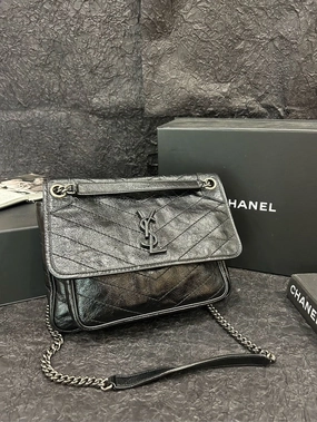 YSL Black Niki Crinkled Leather Crossbody Bag 28cm22cm