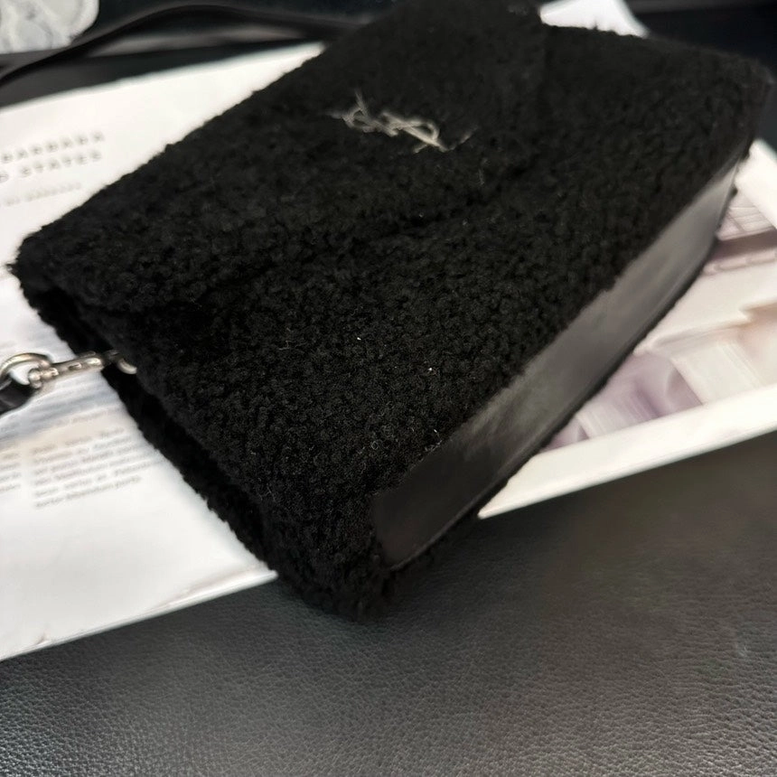 YSL Black Silver Lamb Wool Envelope Crossbody Bag