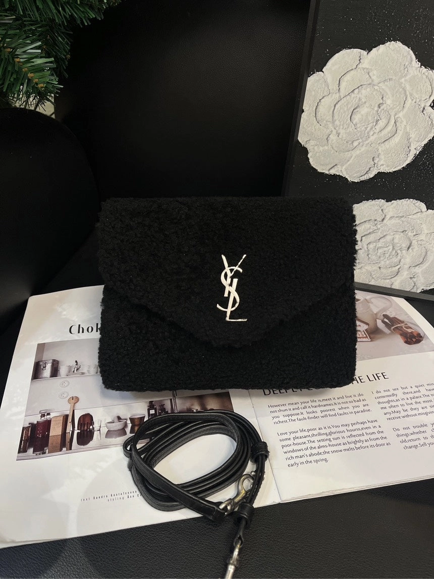 YSL Black Silver Lamb Wool Envelope Crossbody Bag