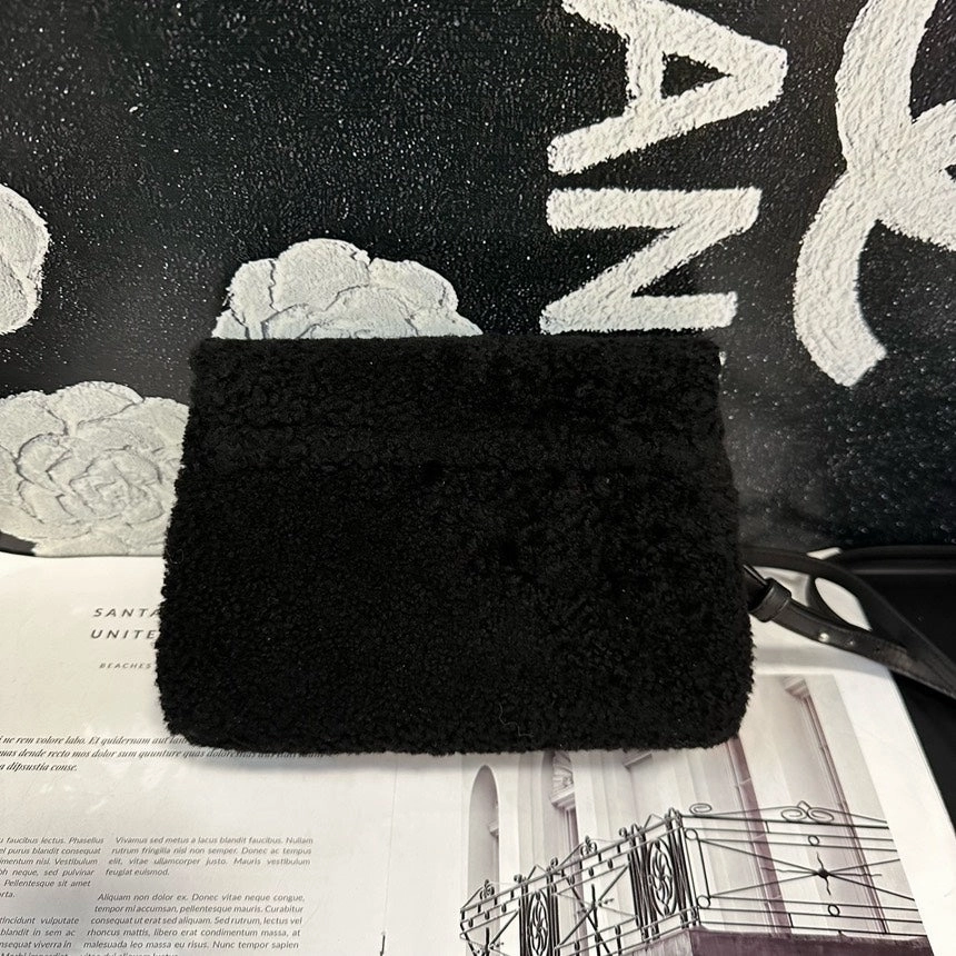 YSL Black Silver Lamb Wool Envelope Crossbody Bag