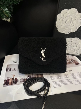 YSL Black Silver Lamb Wool Envelope Crossbody Bag