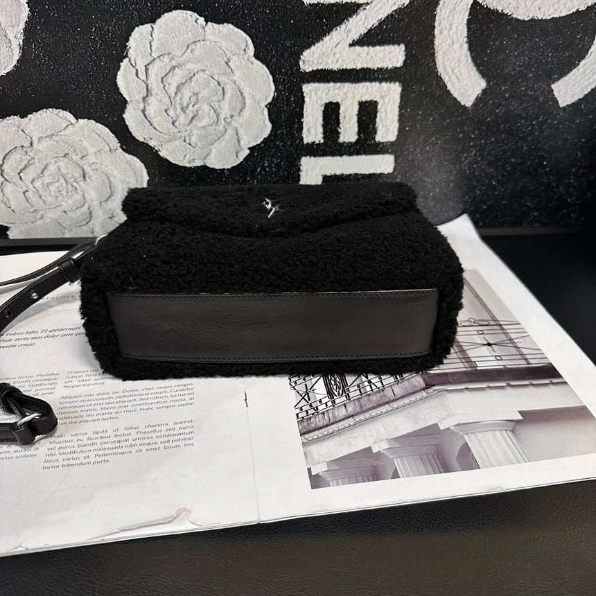 YSL Black Silver Lamb Wool Envelope Crossbody Bag